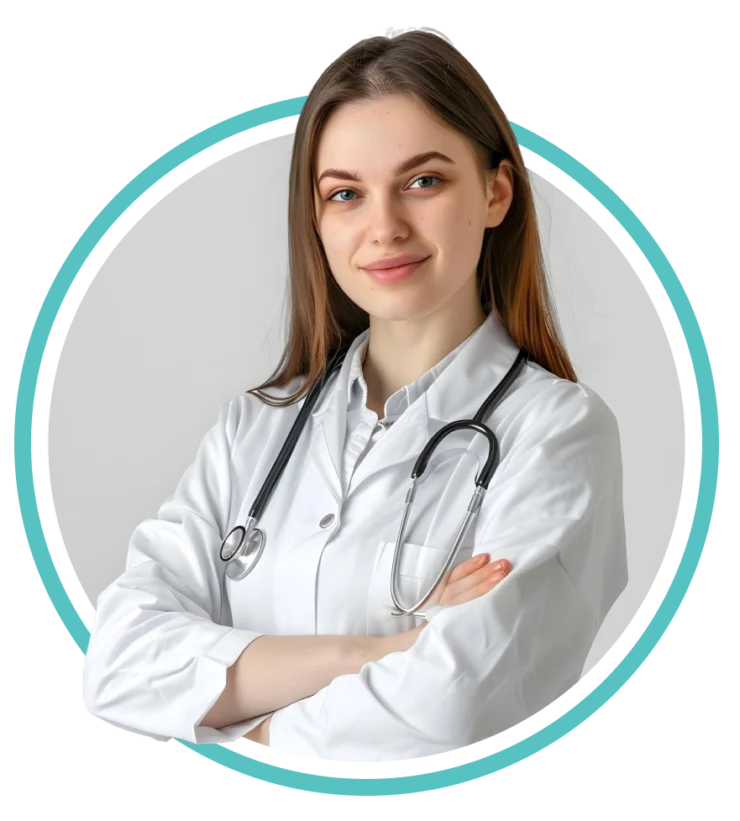 Confident female doctor wearing a white coat and stethoscope, standing with arms crossed