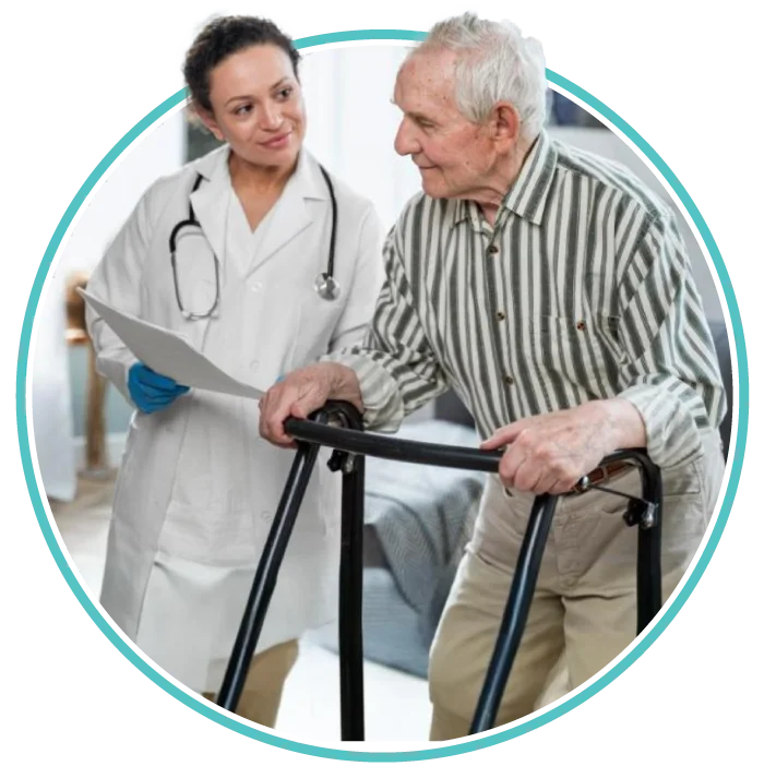 Doctor assisting an elderly patient with a walker during a consultation for residents of Trenton and Pennington, New Jersey.